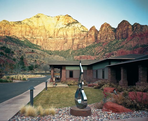 Sculpture, cliffs, and Springdale Branch Library, Springdale, Utah