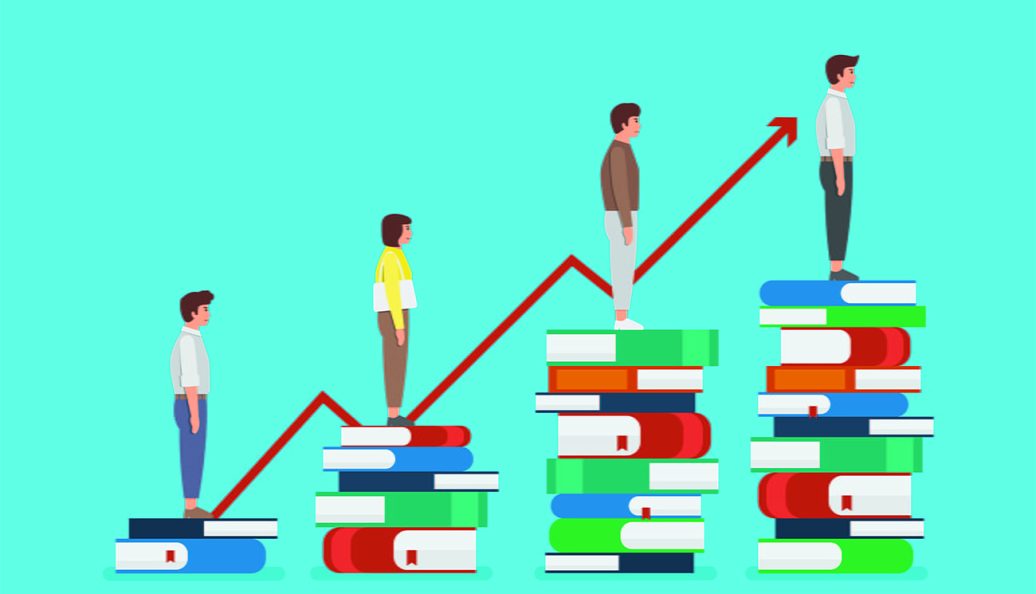 Education development of people standing on a lot of books