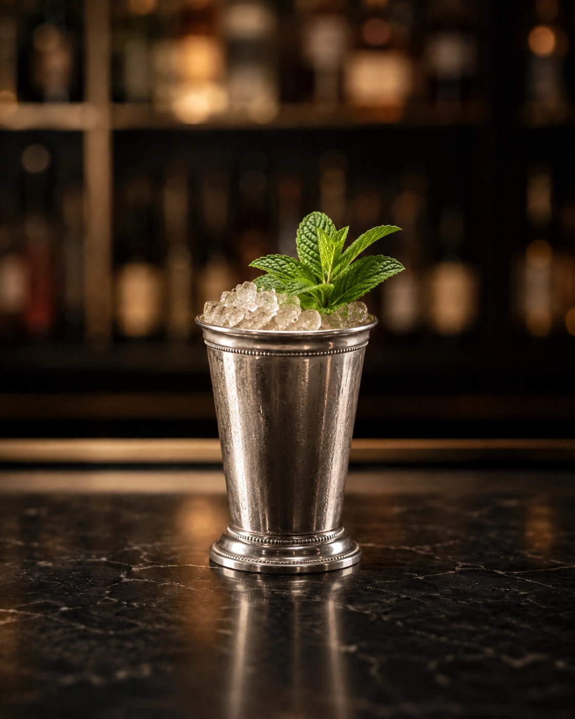 Mint Julep servido em copo metálico com gelo e hortelã