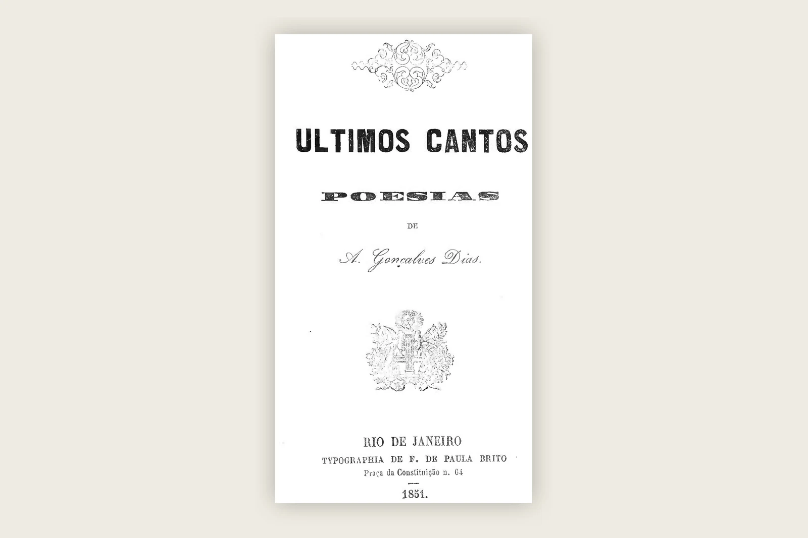 Folha de rosto da primeira edição de Últimos Cantos, de Gonçalves Dias, publicada em 1851