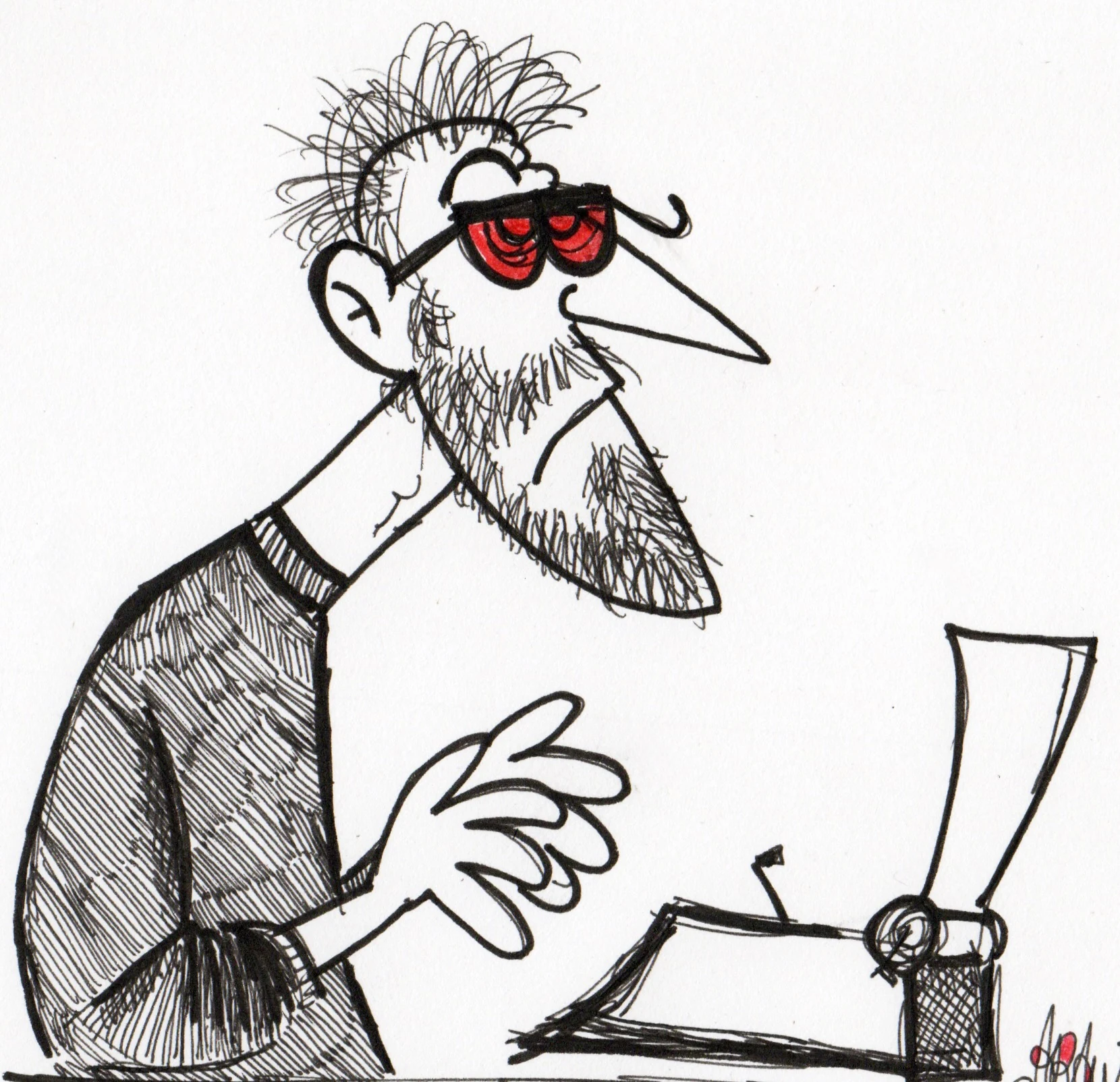 Caricatura de Edson Aran diante de uma máquina de escrever