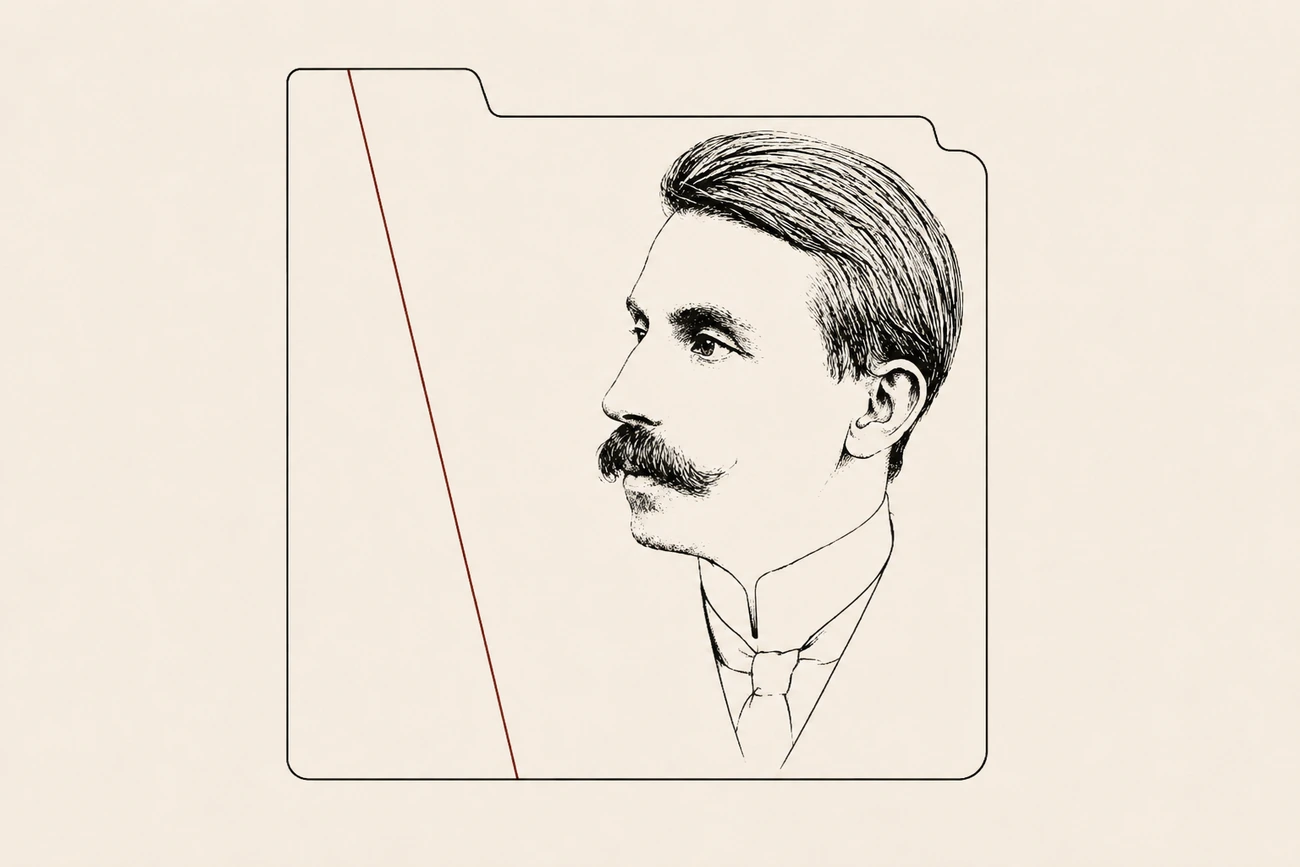 Perfil de Euclides da Cunha desenhado dentro do contorno minimalista de uma pasta de arquivo.
