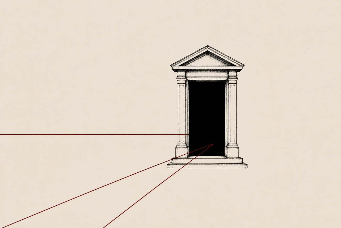 Ilustração minimalista de uma porta escura com linhas vermelhas convergindo para o limiar.