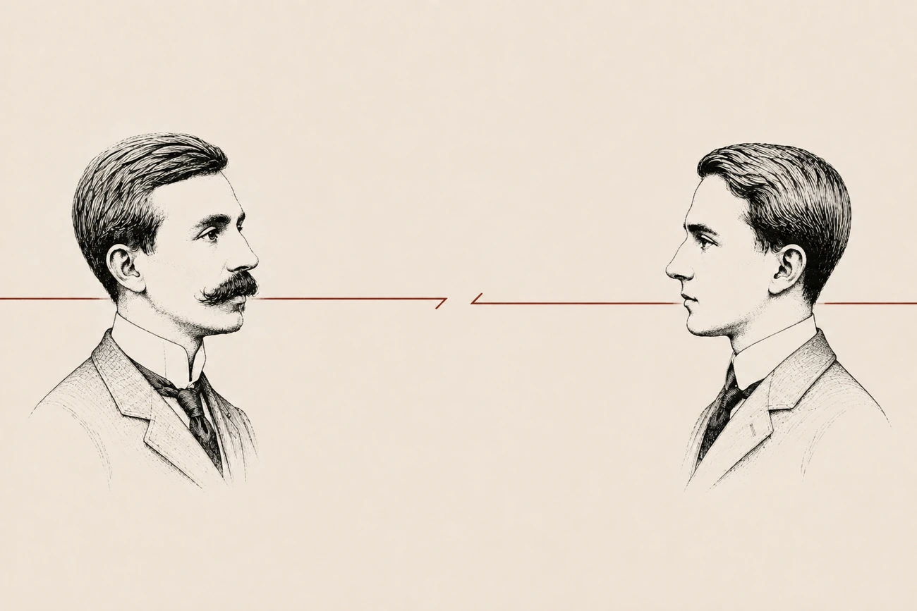 Dois perfis em traço preto separados por uma linha vermelha interrompida no centro.