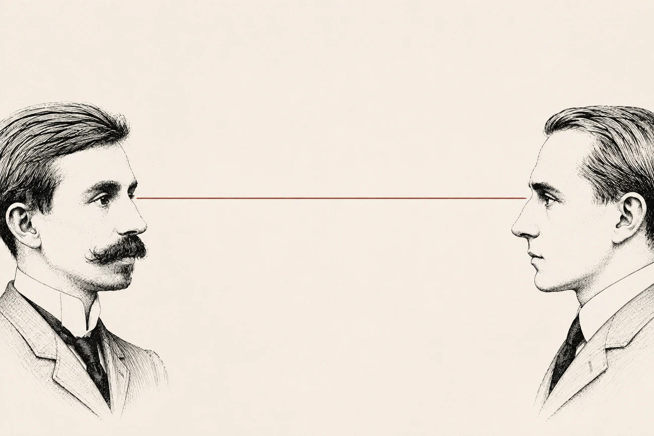 Dois perfis masculinos em traço preto frente a frente, ligados por uma linha vermelha.