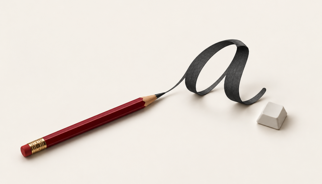 Ilustração conceitual de um lápis vermelho cujo traço forma a letra a, ao lado de uma tecla branca sobre fundo claro.