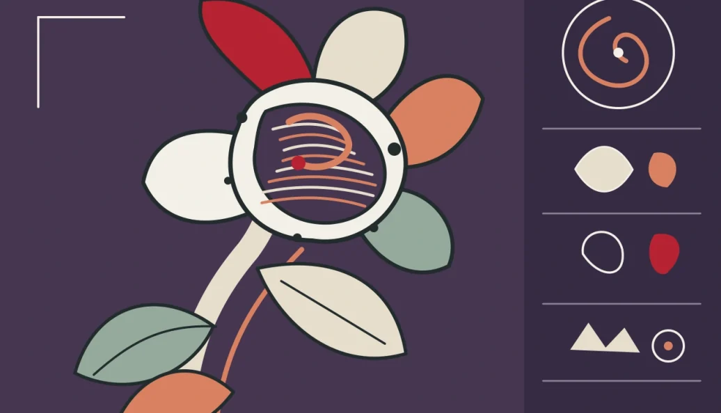 Ilustração editorial de um organismo fantástico e diagramas de uma enciclopédia imaginária, sobre fundo violeta.