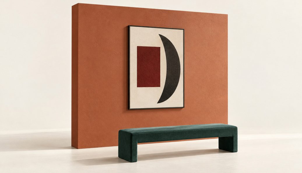 Ilustração conceitual de uma pequena sala de galeria, com parede terracota, pintura abstrata original e banco verde. Não representa o espaço real do estudo.
