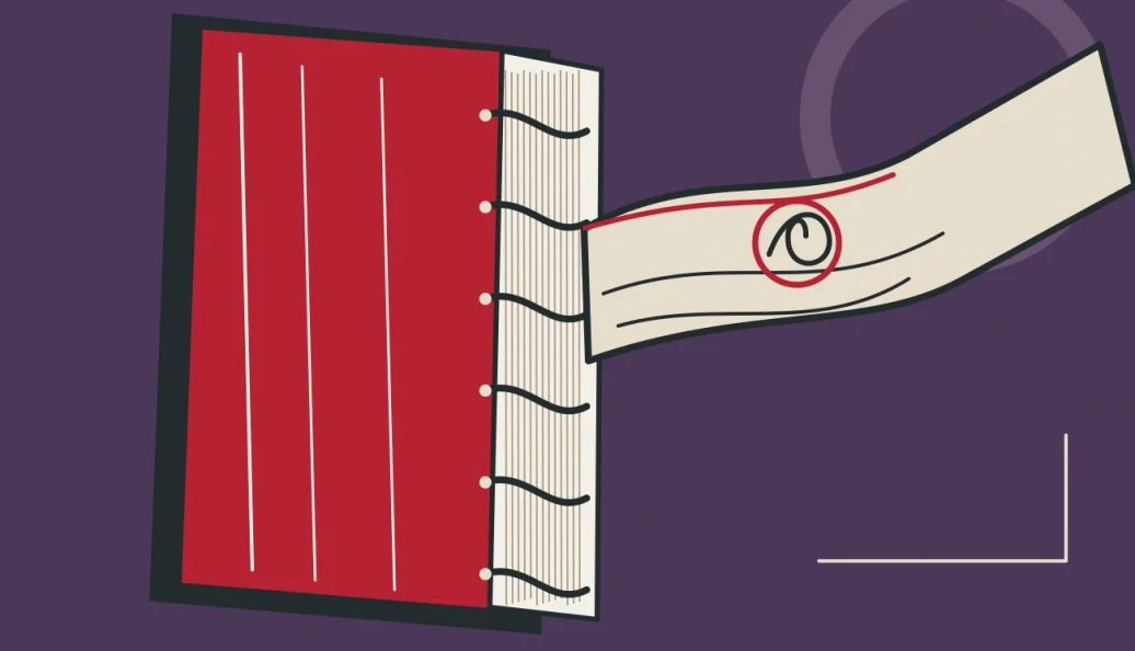 Ilustração editorial de pergaminho antigo parcialmente oculto na capa de um livro, em tons de roxo e vermelho.