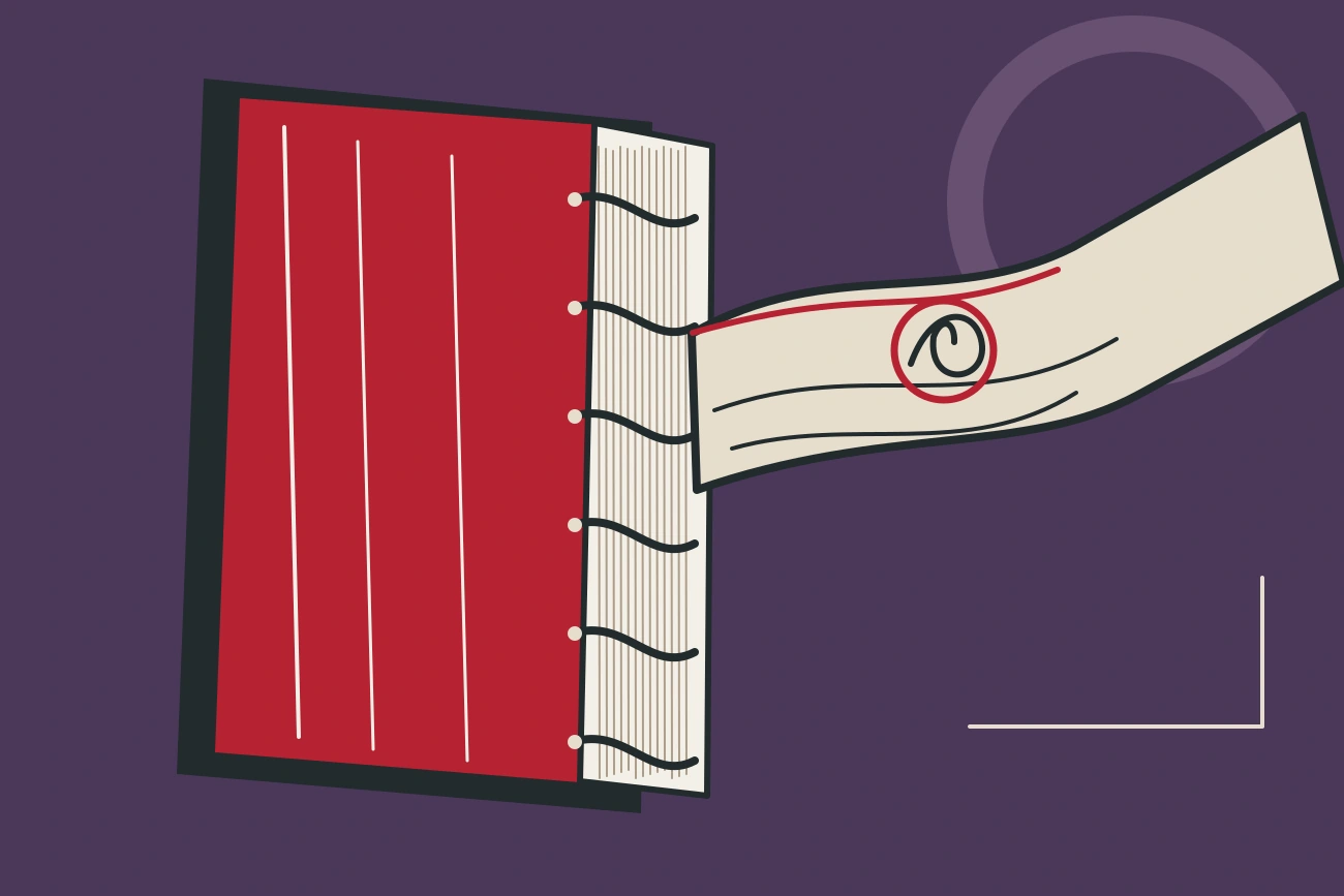 Ilustração editorial de pergaminho antigo parcialmente oculto na capa de um livro, em tons de roxo e vermelho.