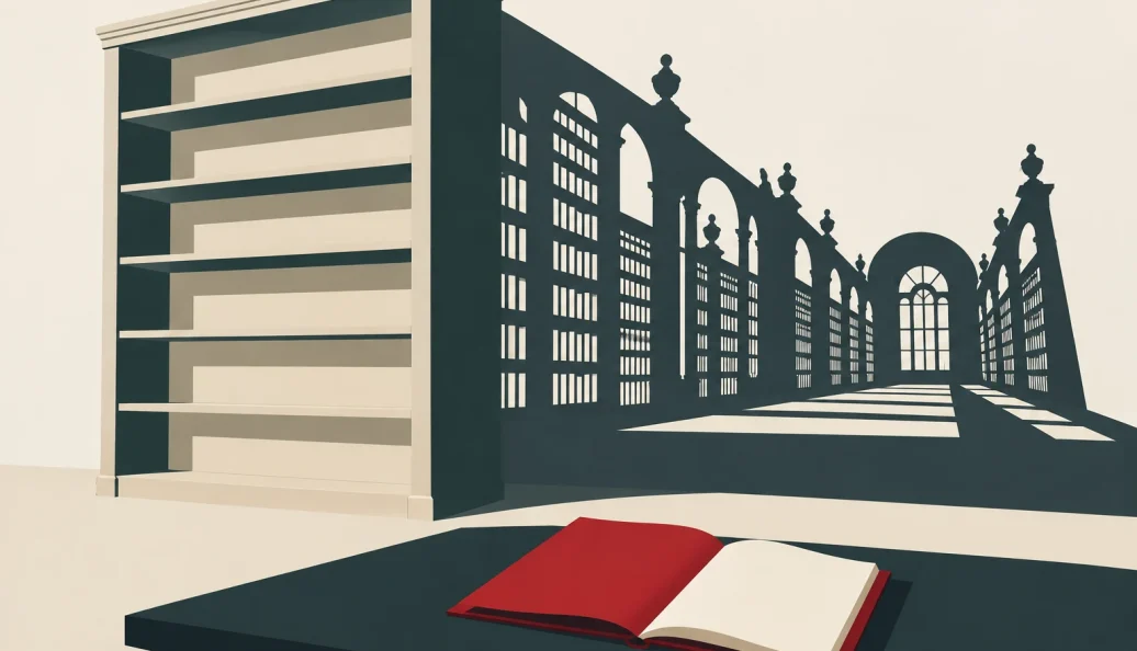 Ilustração de uma estante vazia cuja sombra forma uma grande biblioteca, com um livro vermelho aberto em primeiro plano.