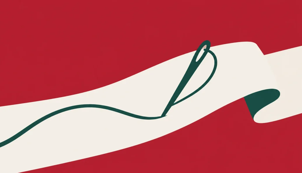 Agulha verde atravessa uma faixa de tecido creme; um fio desenha uma linha sobre fundo vermelho.