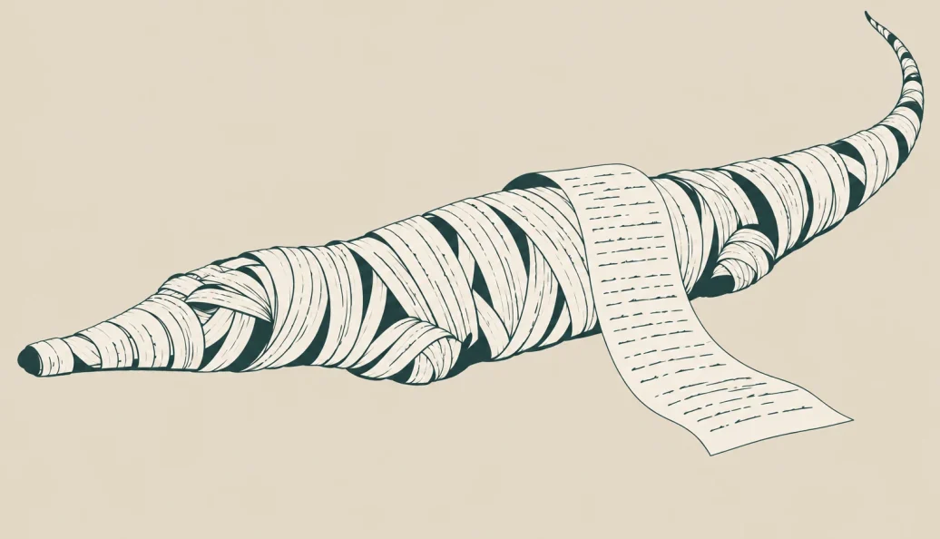 Ilustração de um crocodilo mumificado envolvido por uma faixa de papiro.