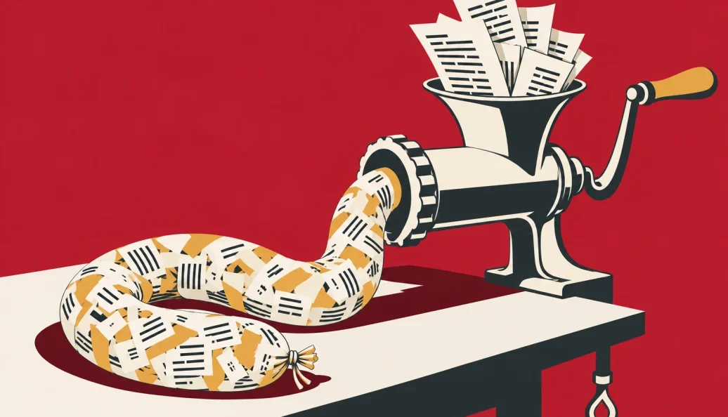 Ilustração de um moedor transformando páginas de livro em uma salsicha de papel.