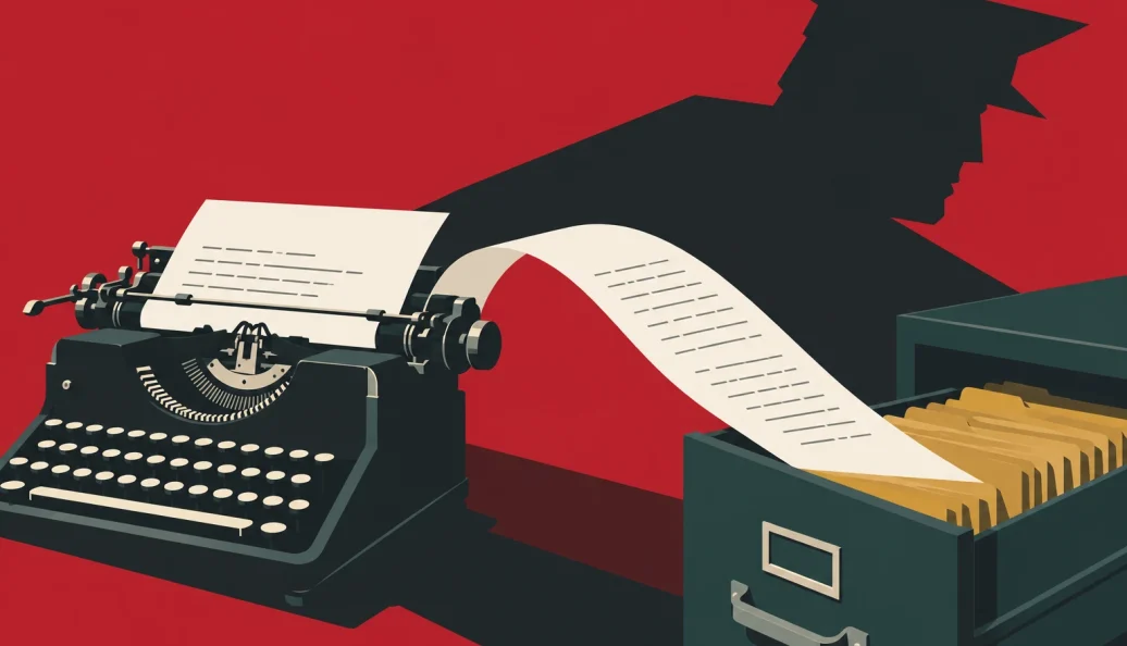 Ilustração de máquina de escrever, cópia de um documento e gaveta de arquivo sob a sombra de um agente.