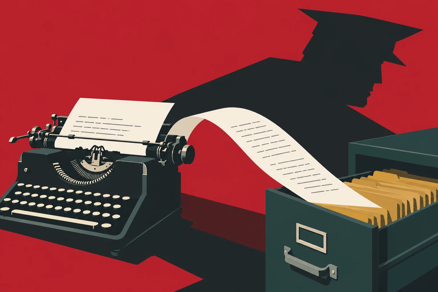 Ilustração de máquina de escrever, cópia de um documento e gaveta de arquivo sob a sombra de um agente.