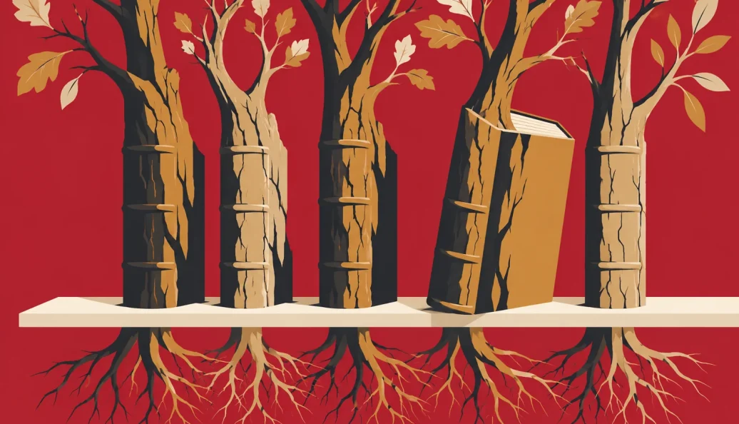 Ilustração conceitual de livros com lombadas de madeira que se transformam em árvores, com galhos e raízes.