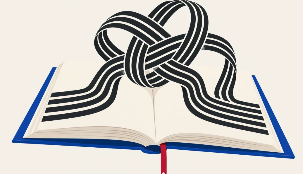 Ilustração de um livro aberto de capa azul, cujas linhas pretas se erguem e formam um nó sobre as páginas.