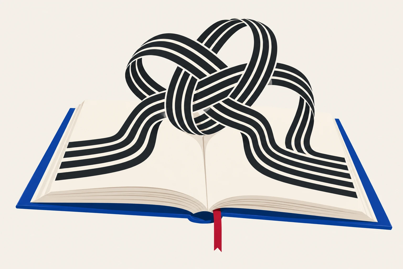Ilustração de um livro aberto de capa azul, cujas linhas pretas se erguem e formam um nó sobre as páginas.