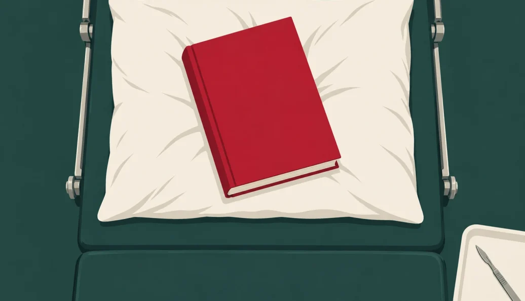 Ilustração de um livro vermelho sobre o travesseiro de uma cama hospitalar, com instrumento cirúrgico ao lado.