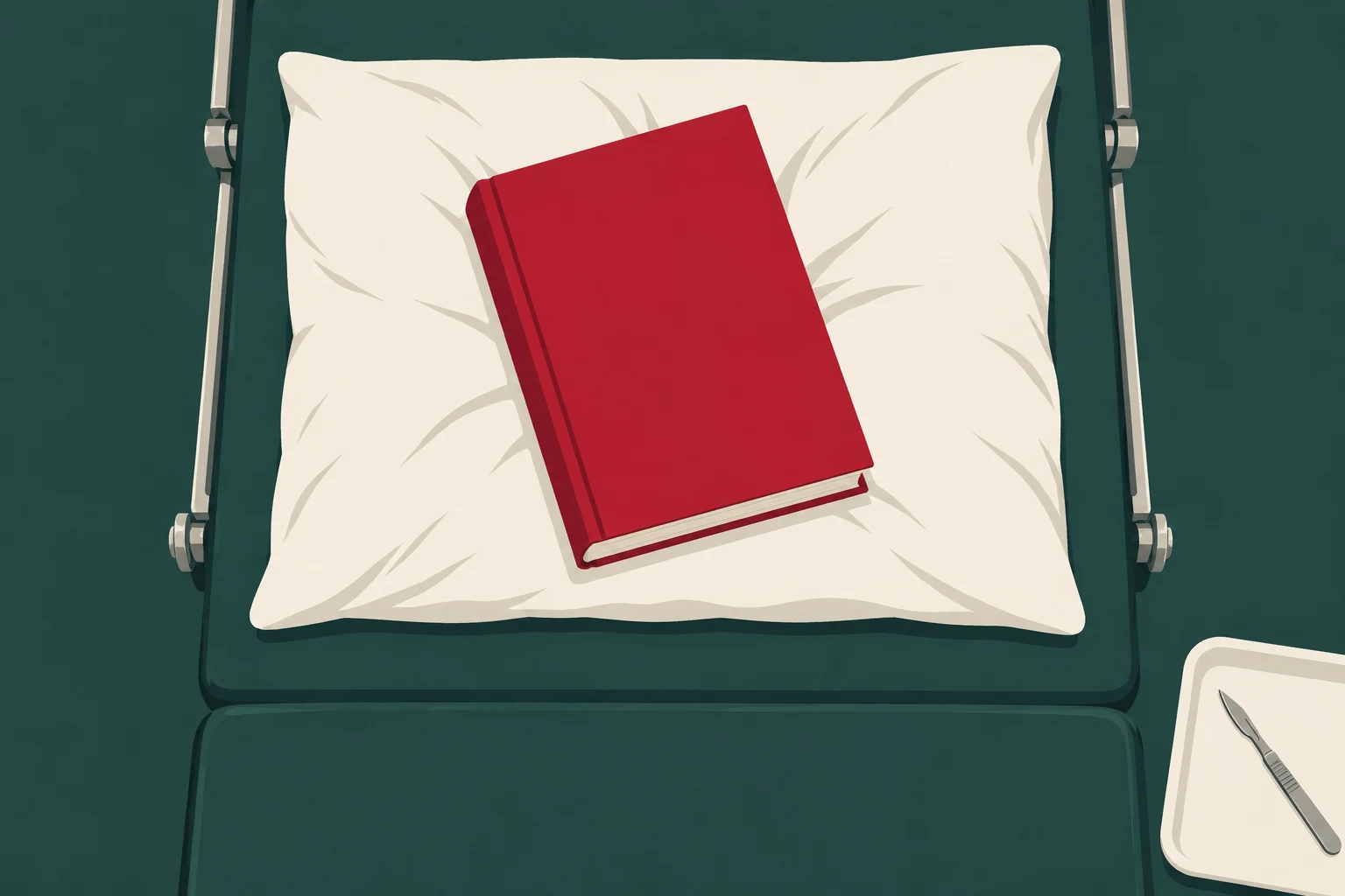Ilustração de um livro vermelho sobre o travesseiro de uma cama hospitalar, com instrumento cirúrgico ao lado.