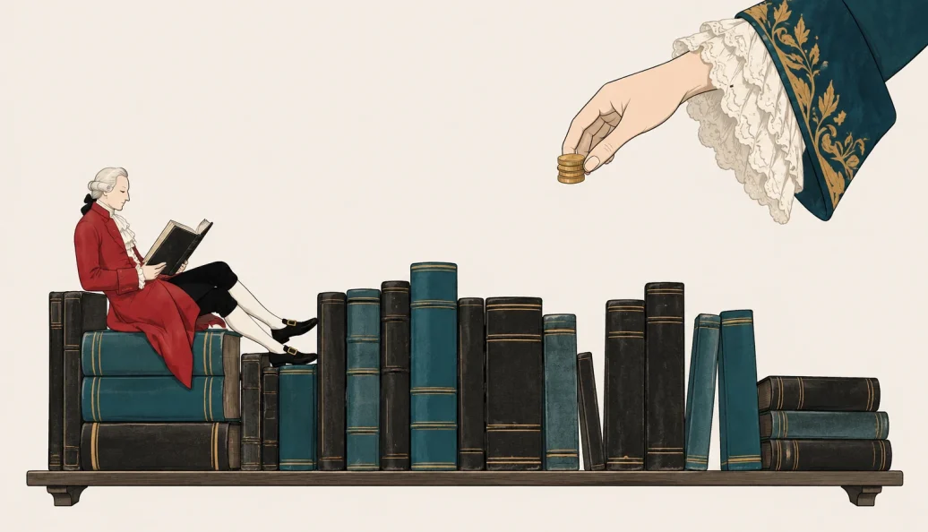 Ilustração de um homem de casaco vermelho lendo junto a livros, enquanto uma mão com adorno real oferece moedas.
