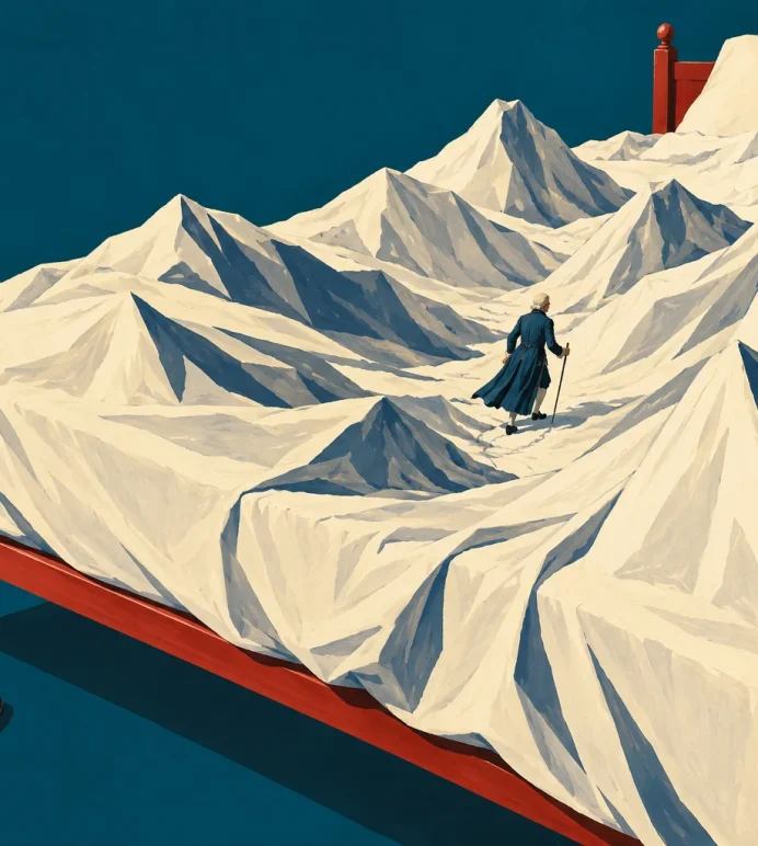 Ilustração de um pequeno viajante sobre um lençol cujas dobras formam montanhas, numa cama vermelha.