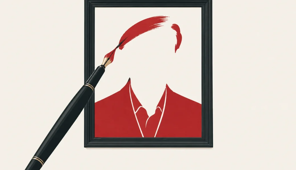 Ilustração de um retrato sem rosto em moldura, com paletó vermelho e uma caneta que se transforma em pincel.
