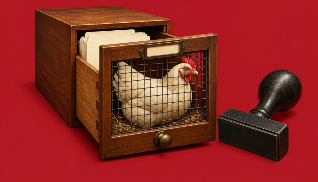 Ilustração de um fichário de biblioteca transformado em galinheiro, com uma galinha branca e um carimbo sobre fundo vermelho.