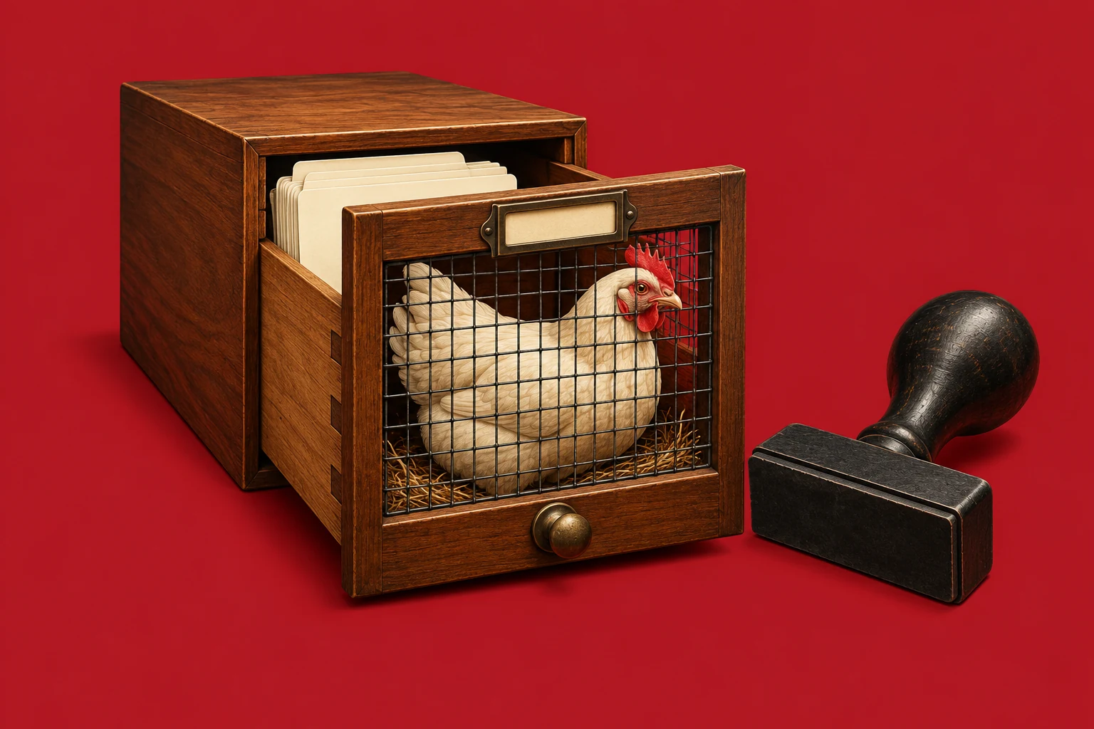 Ilustração de um fichário de biblioteca transformado em galinheiro, com uma galinha branca e um carimbo sobre fundo vermelho.