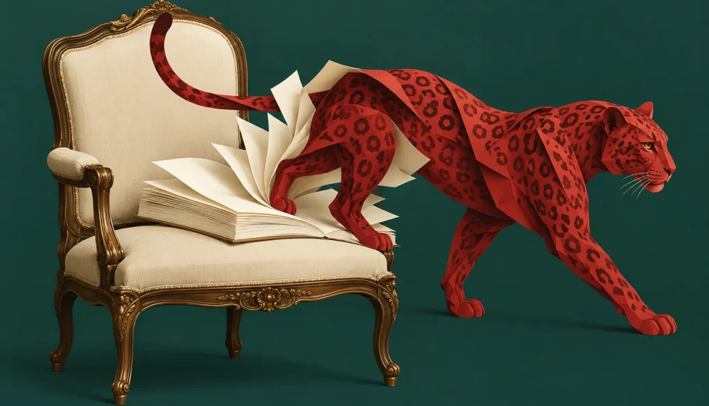 Ilustração de um leopardo vermelho que emerge das páginas de um livro sobre uma poltrona vazia, contra fundo verde-escuro.
