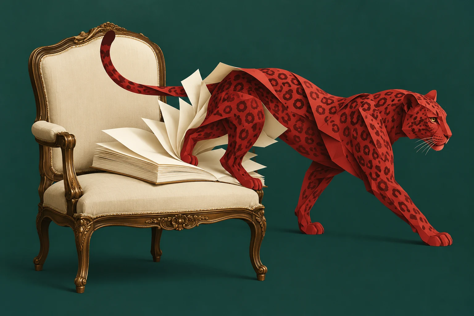 Ilustração de um leopardo vermelho que emerge das páginas de um livro sobre uma poltrona vazia, contra fundo verde-escuro.
