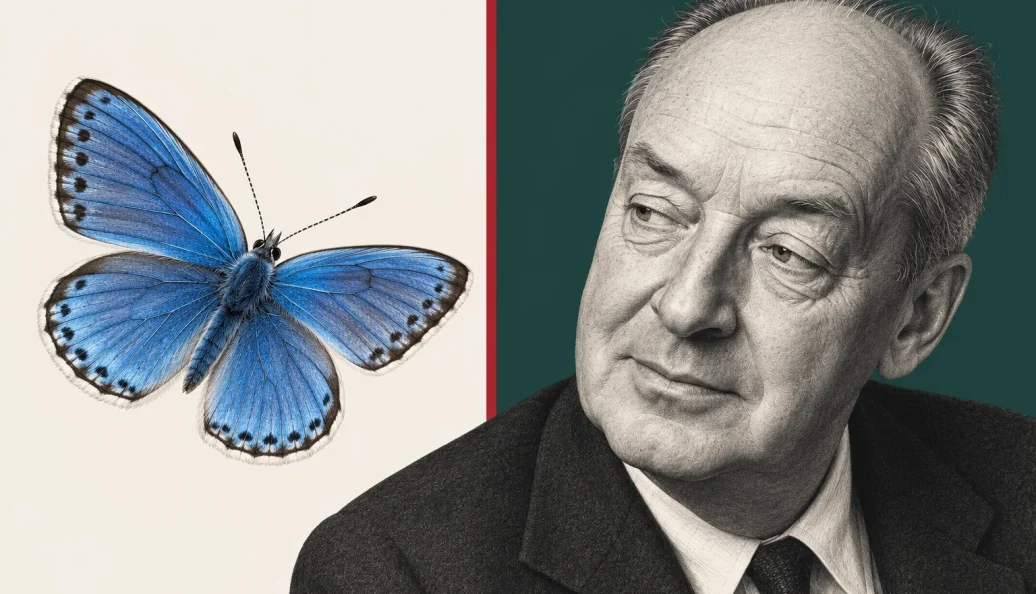 Ilustração editorial com uma borboleta azul à esquerda e um retrato de Vladimir Nabokov à direita, sobre fundos creme e verde-escuro.