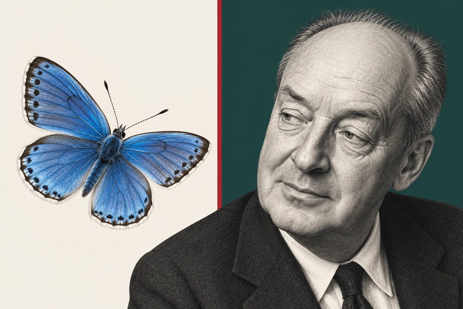 Ilustração editorial com uma borboleta azul à esquerda e um retrato de Vladimir Nabokov à direita, sobre fundos creme e verde-escuro.