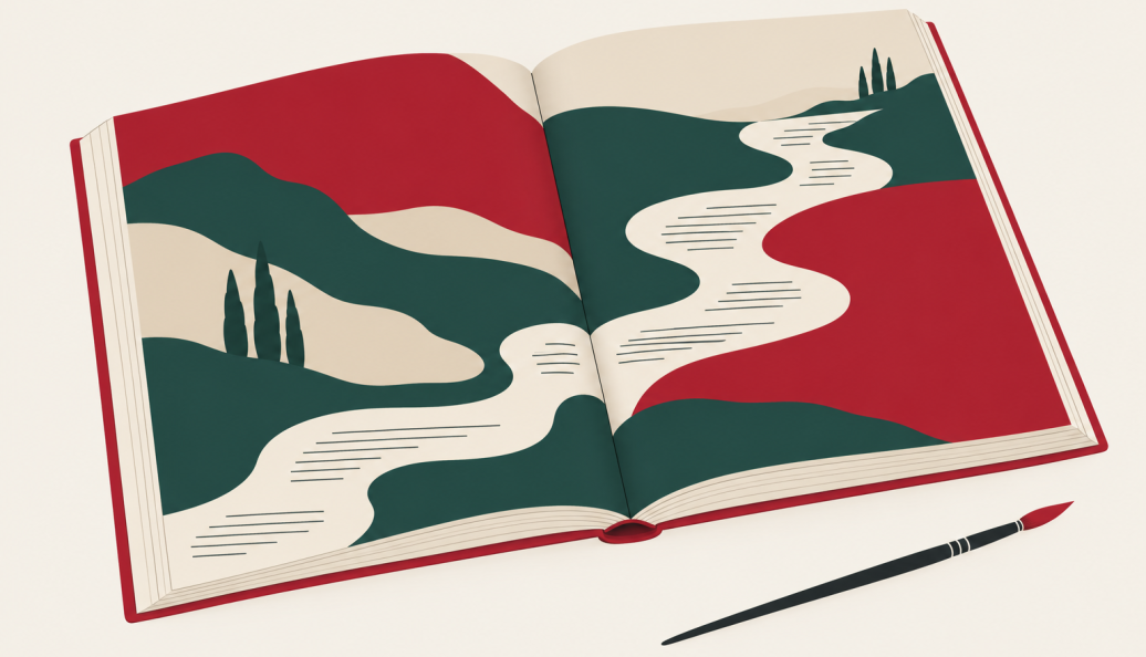 Ilustração de um livro aberto com paisagens vermelhas e verdes sobre as páginas, caminhos claros de texto e um pincel ao lado.