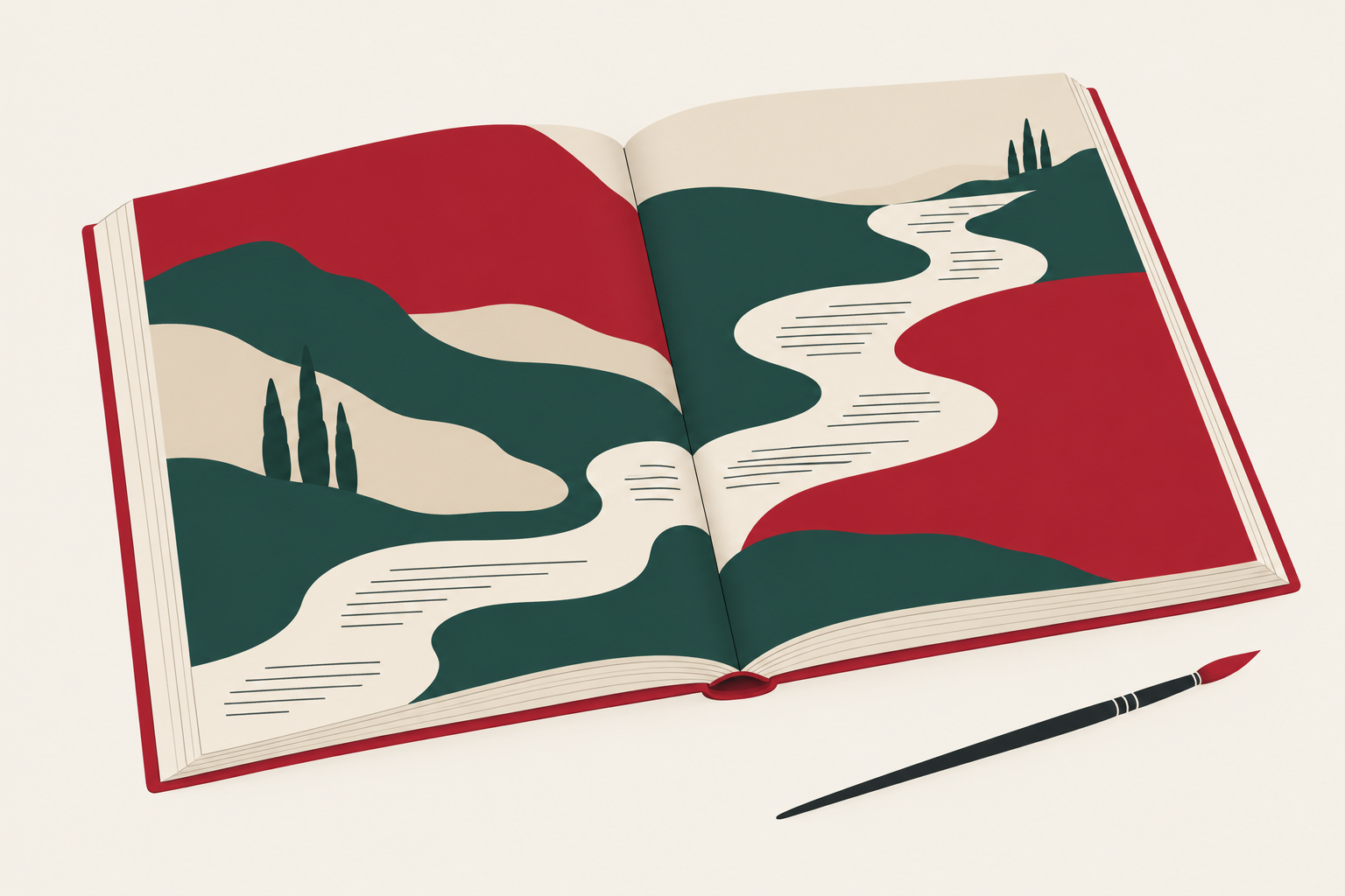 Ilustração de um livro aberto com paisagens vermelhas e verdes sobre as páginas, caminhos claros de texto e um pincel ao lado.