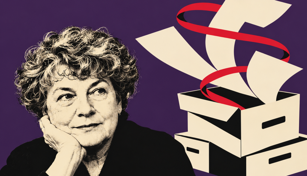 Ilustração de A. S. Byatt em preto e creme, com caixas de arquivo, folhas e fita vermelha sobre fundo roxo.