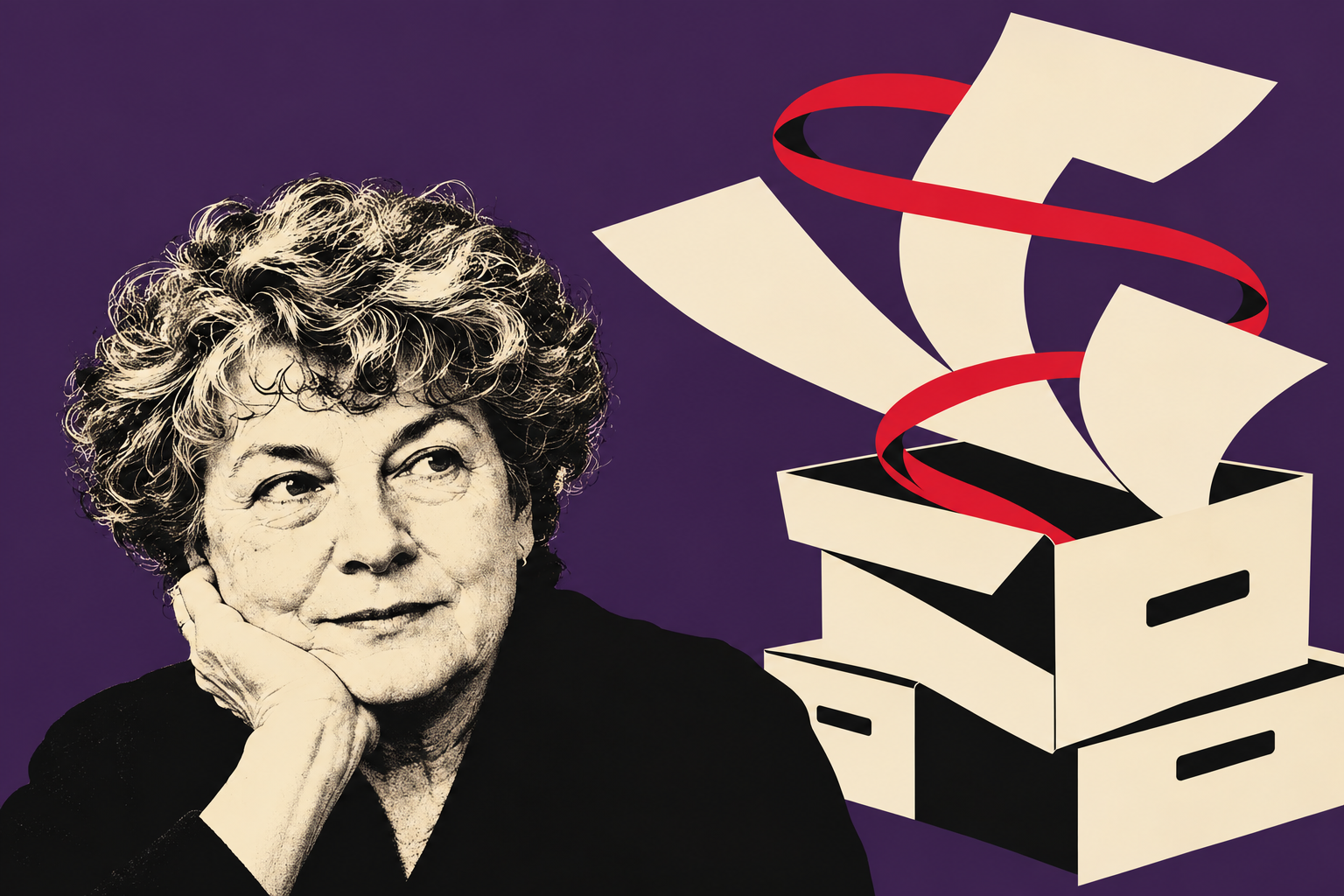 Ilustração de A. S. Byatt em preto e creme, com caixas de arquivo, folhas e fita vermelha sobre fundo roxo.