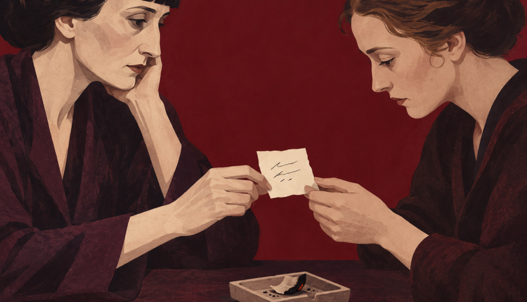 Ilustração de duas mulheres lendo um pequeno papel, com um fragmento queimado num cinzeiro sobre a mesa.