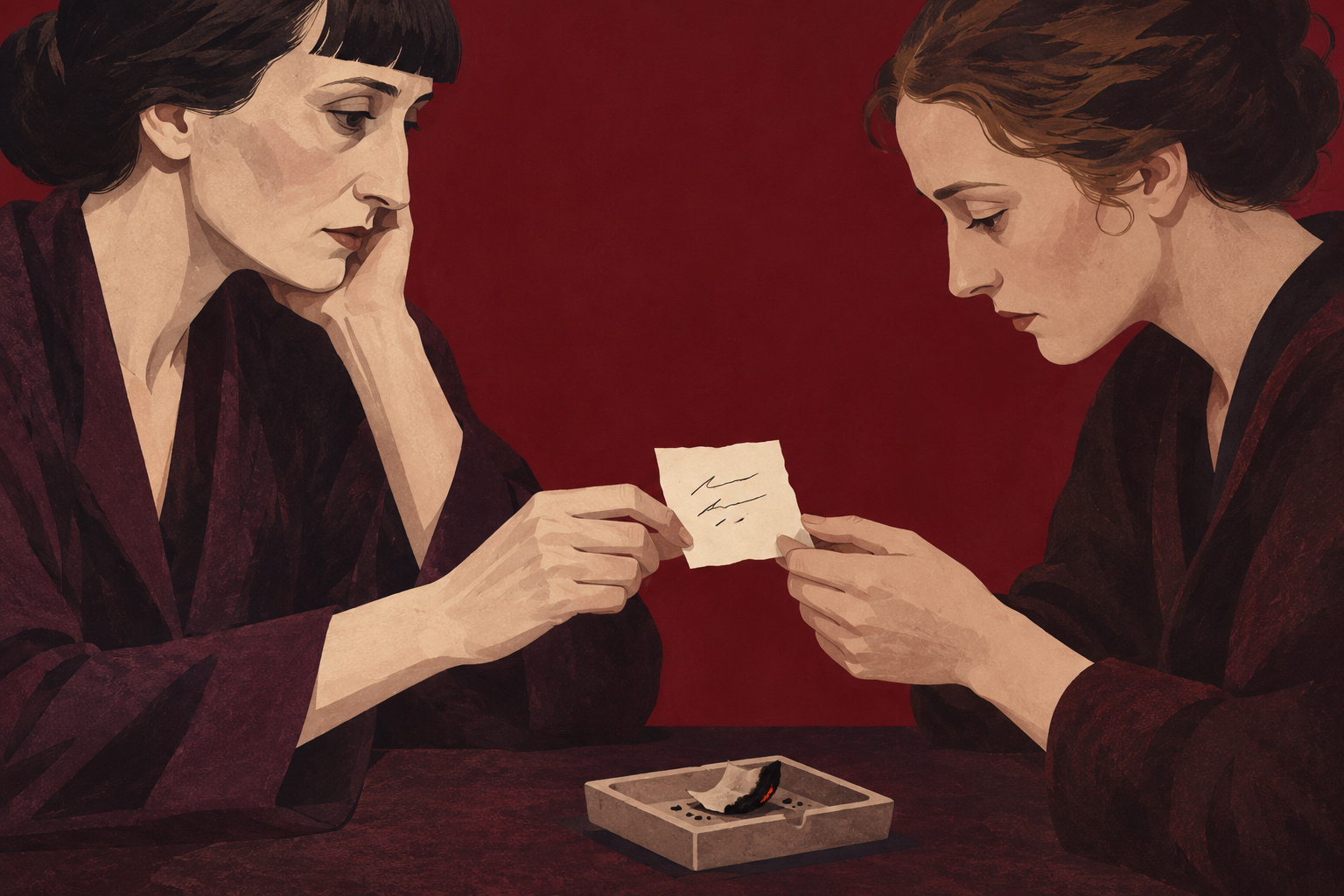 Ilustração de duas mulheres lendo um pequeno papel, com um fragmento queimado num cinzeiro sobre a mesa.