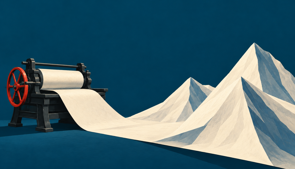Ilustração de uma prensa com roda vermelha da qual sai uma folha de papel que se transforma em montanhas de gelo, sobre fundo azul.