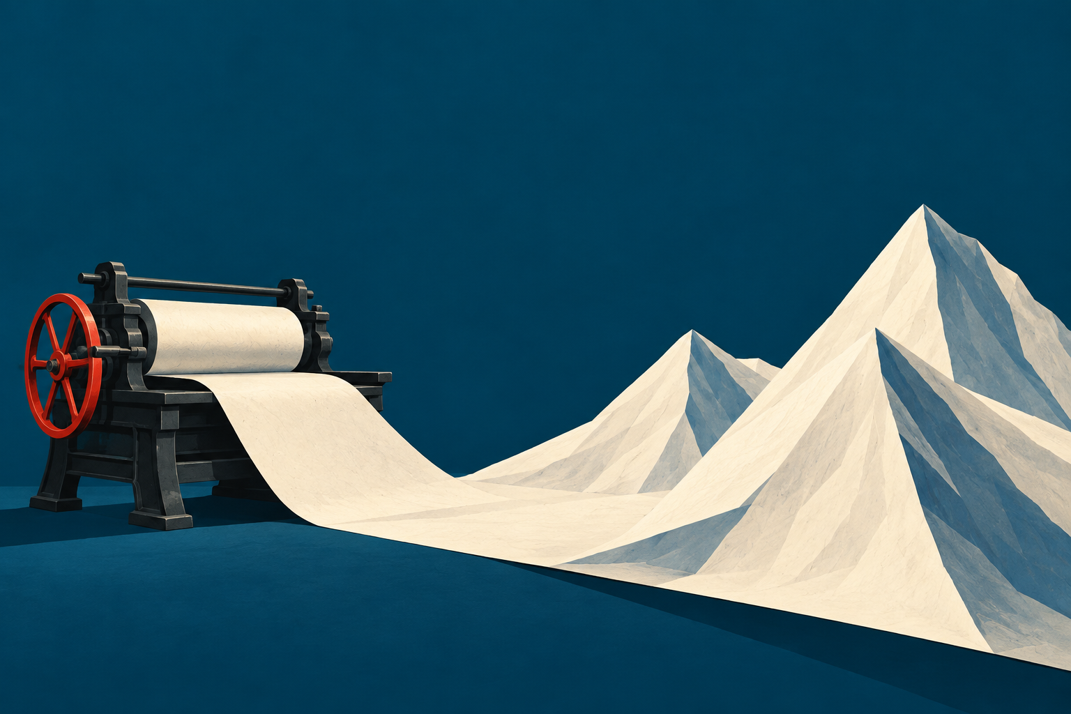 Ilustração de uma prensa com roda vermelha da qual sai uma folha de papel que se transforma em montanhas de gelo, sobre fundo azul.