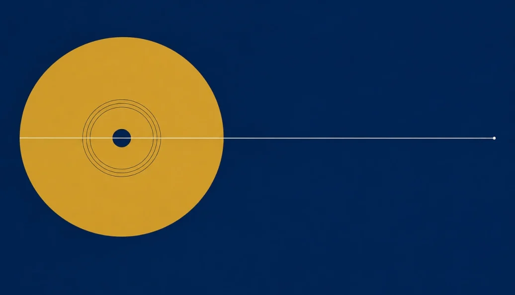 Ilustração de um disco ocre ligado a um ponto distante por uma linha clara sobre fundo azul.