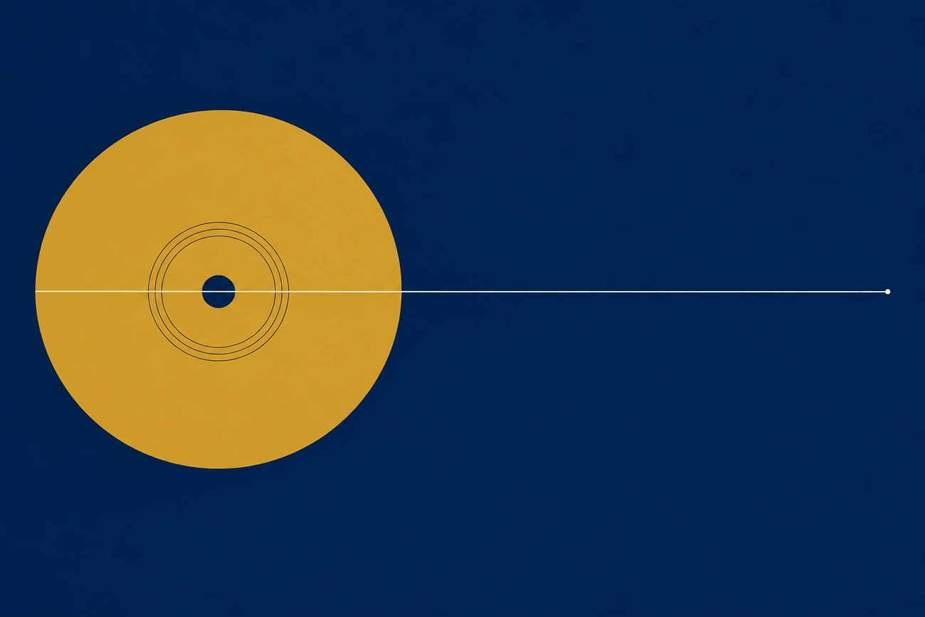 Ilustração de um disco ocre ligado a um ponto distante por uma linha clara sobre fundo azul.
