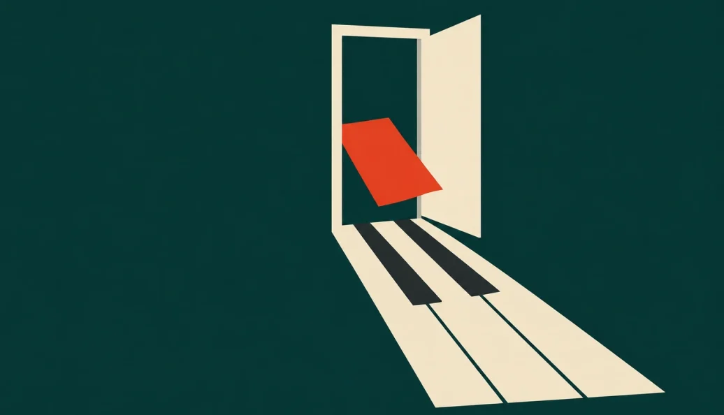 Ilustração de uma porta clara que se prolonga em teclas de piano, com uma folha vermelha sobre fundo verde-petróleo.