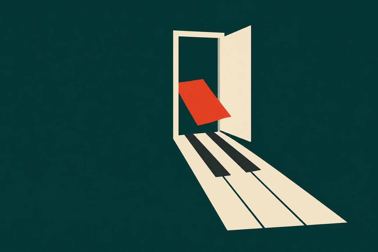 Ilustração de uma porta clara que se prolonga em teclas de piano, com uma folha vermelha sobre fundo verde-petróleo.