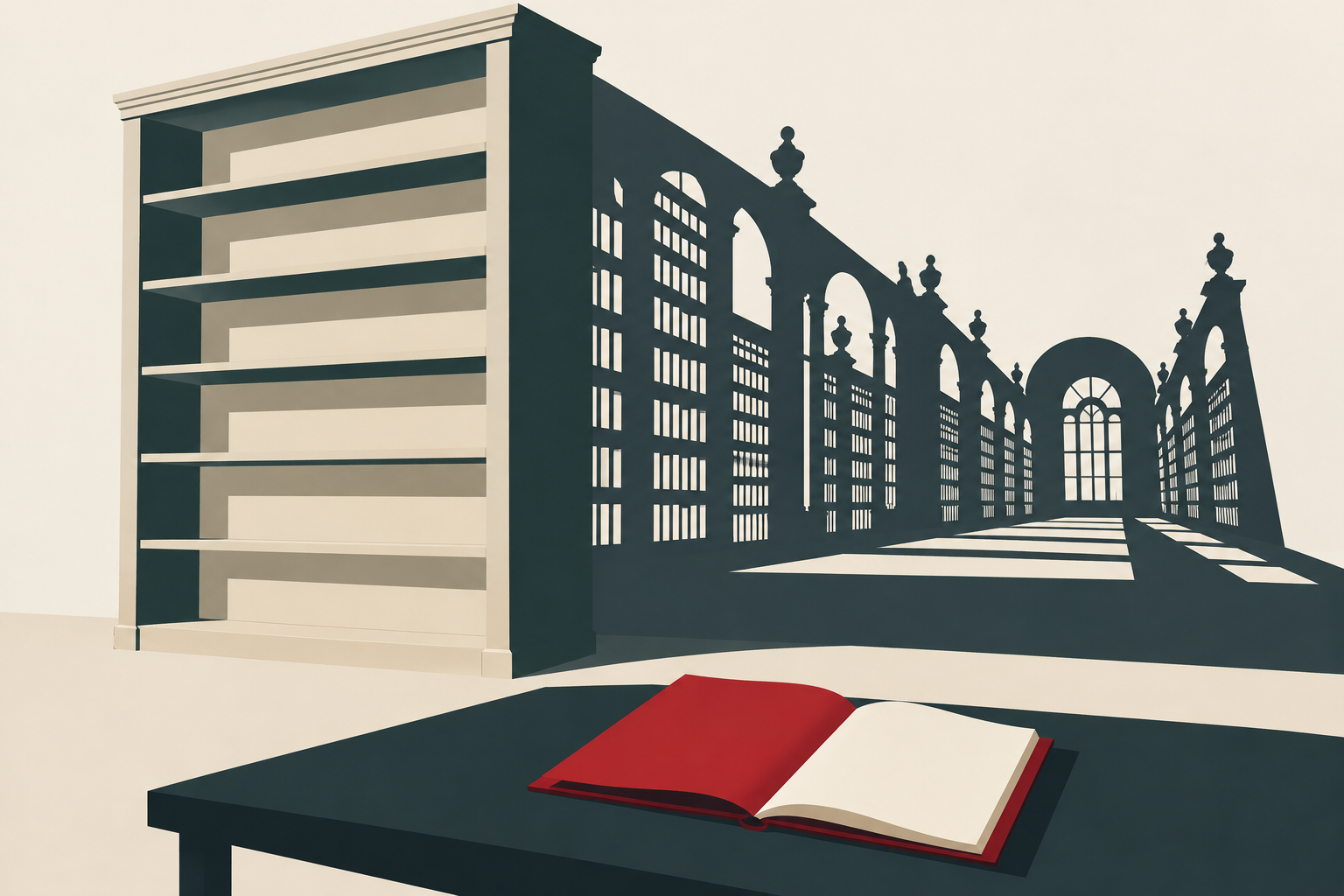 Ilustração de uma estante vazia cuja sombra forma uma grande biblioteca, com um livro vermelho aberto em primeiro plano.