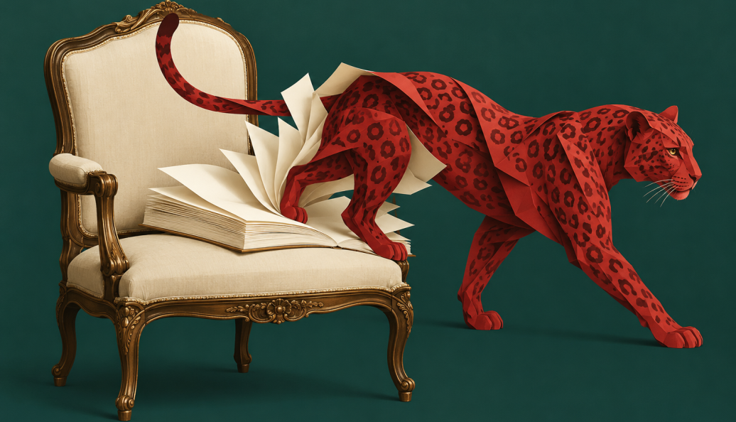 Ilustração de um leopardo vermelho que emerge das páginas de um livro sobre uma poltrona vazia, contra fundo verde-escuro.