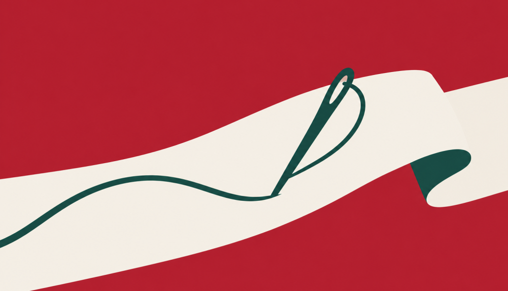 Agulha verde atravessa uma faixa de tecido creme; um fio desenha uma linha sobre fundo vermelho.