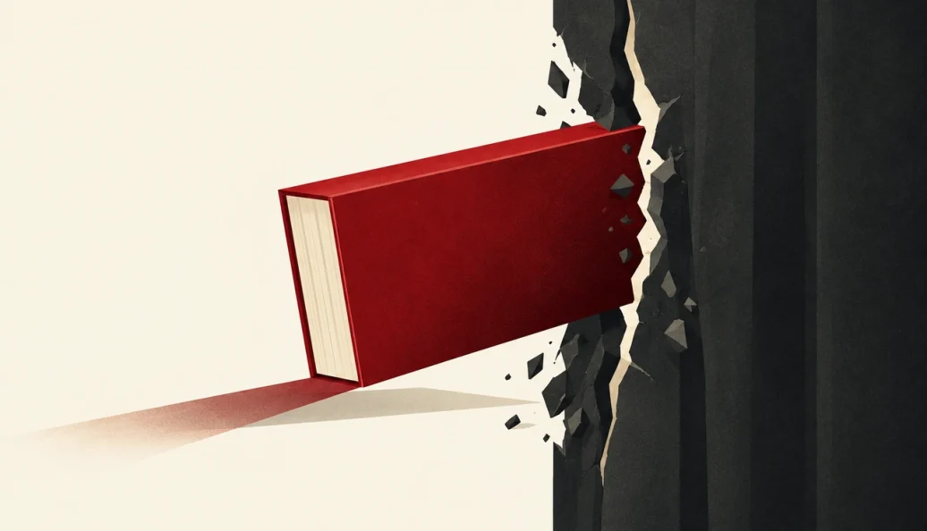 Ilustração de um livro vermelho atravessando uma barreira grafite, sobre fundo creme.